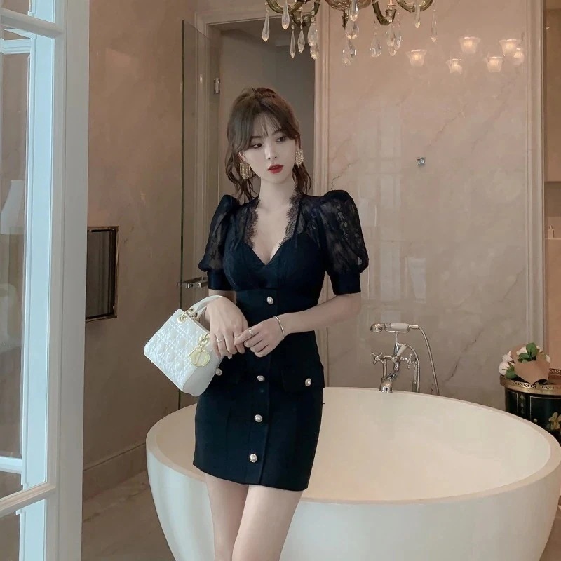 【JY.上品】 レトロ ヘップバーン リトルブラックスカート Vネック パフスリーブ ワンピース 夏 フォーマル パーティードレス 同窓会 結婚式 披露宴 卒業式 二次会 発表会