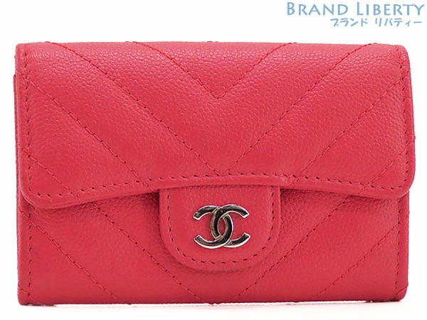 超美品シャネルシェブロンVステッチココマークキャビアスキンカードケースパスケース名刺入れレッドピンクA80799