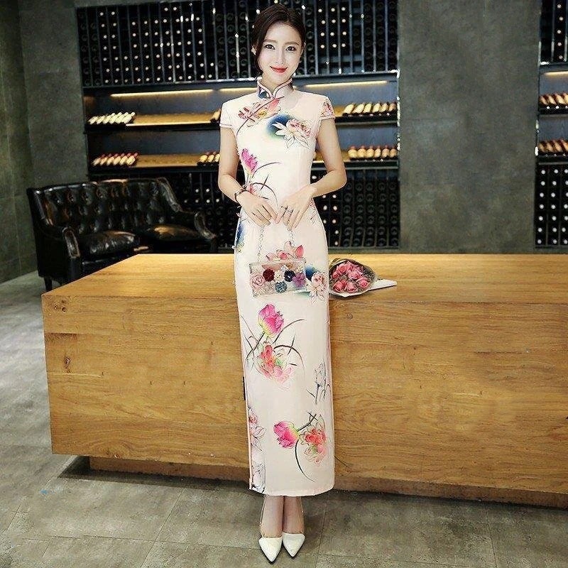 チャイナドレス ロング ピンク 半袖 安い 結婚式 二次会 ワンピース 演奏会 フォーマル 風