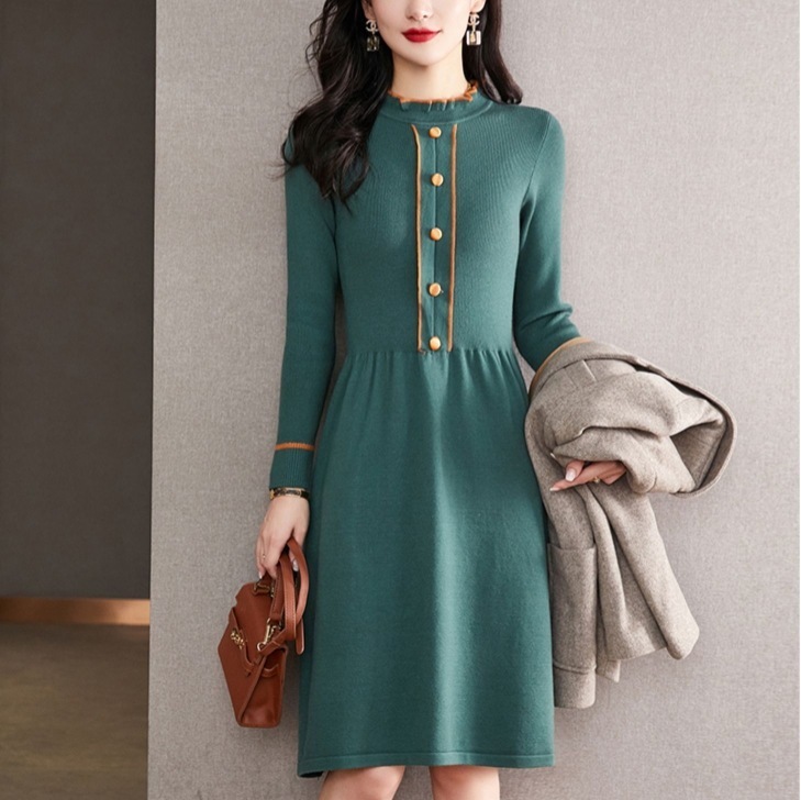 クラシカルデザイン 長袖ニットワンピース ミディアム丈ワンピース Aラインニットワンピース トップス スカート ワンピース プルオーバー ロングスカート フレアスカート ニットスカート 膝下 ロング