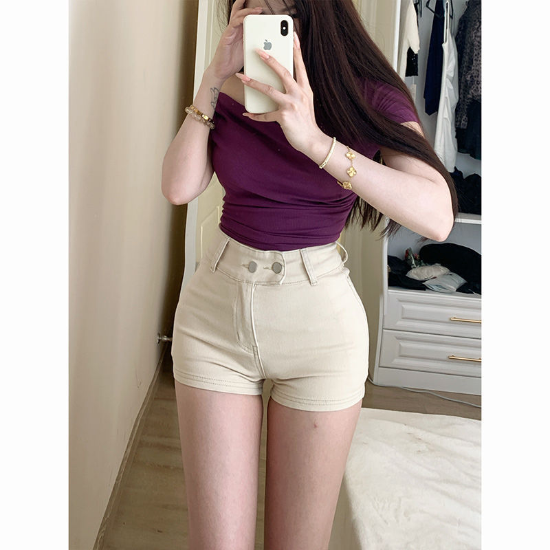 Li Li Apparel アプリコットカラーのワイドヒップデニムショートパンツ（レディース）25秋冬新作ハイウエストスリムフィット美しいタイトフィット