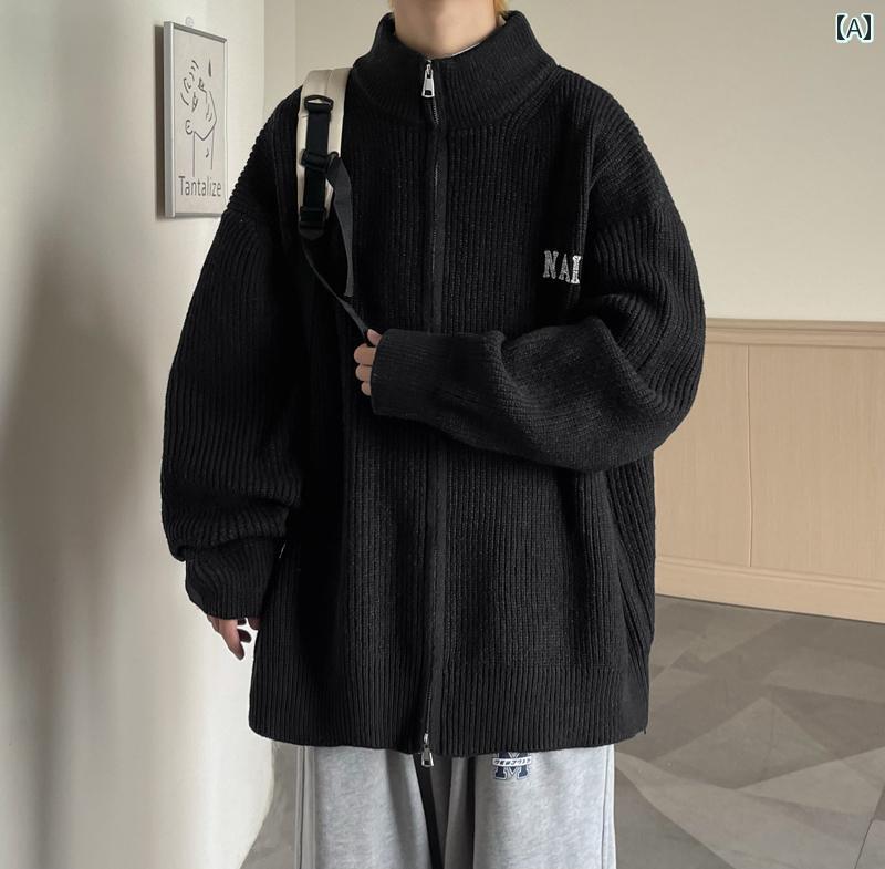 カーディガン メンズ セーター ニット 秋冬 厚手 アウター カジュアル ジャケット ブラック ベージュ ジップアップ