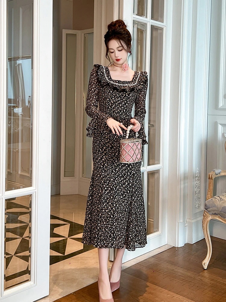 2024新品 フリル 柄ワンピース レトロ ドレス パーティー キャバ 大人 同窓会 披露宴 卒業式 結婚式 演奏会 ウェディング 二次会 メガ割