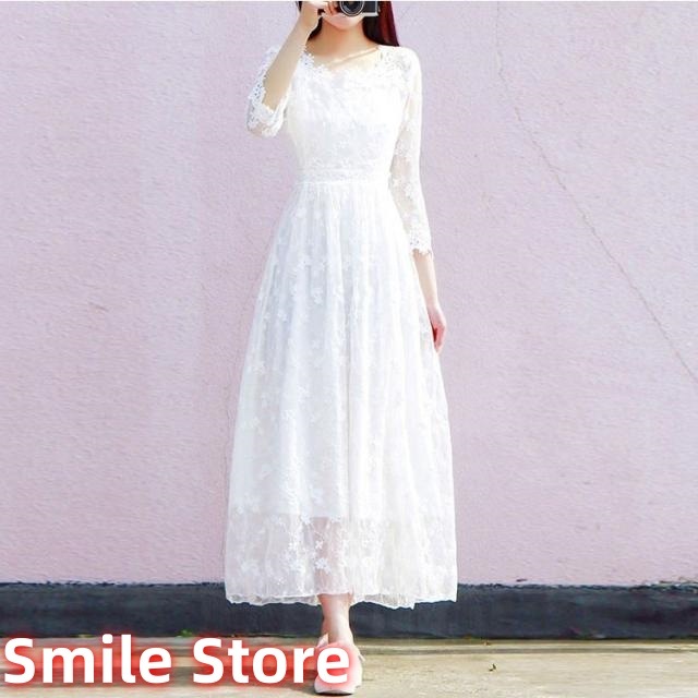 レース ホワイト 結婚式 白ワンピース パーティードレス 女性 リゾート夏ロング丈 7分袖 ワンピース レディース 大人 マキシワンピ 謝恩会 7,731円