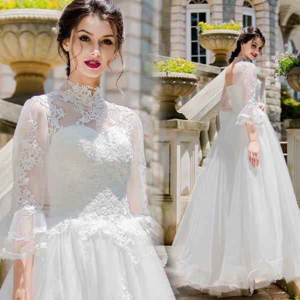 ウエディングドレス エンパイア 二次会 ウェディングドレス 安い 結婚式 プリンセス 花嫁 披露宴 ロングドレス 長袖 ブライダル トレーン 白