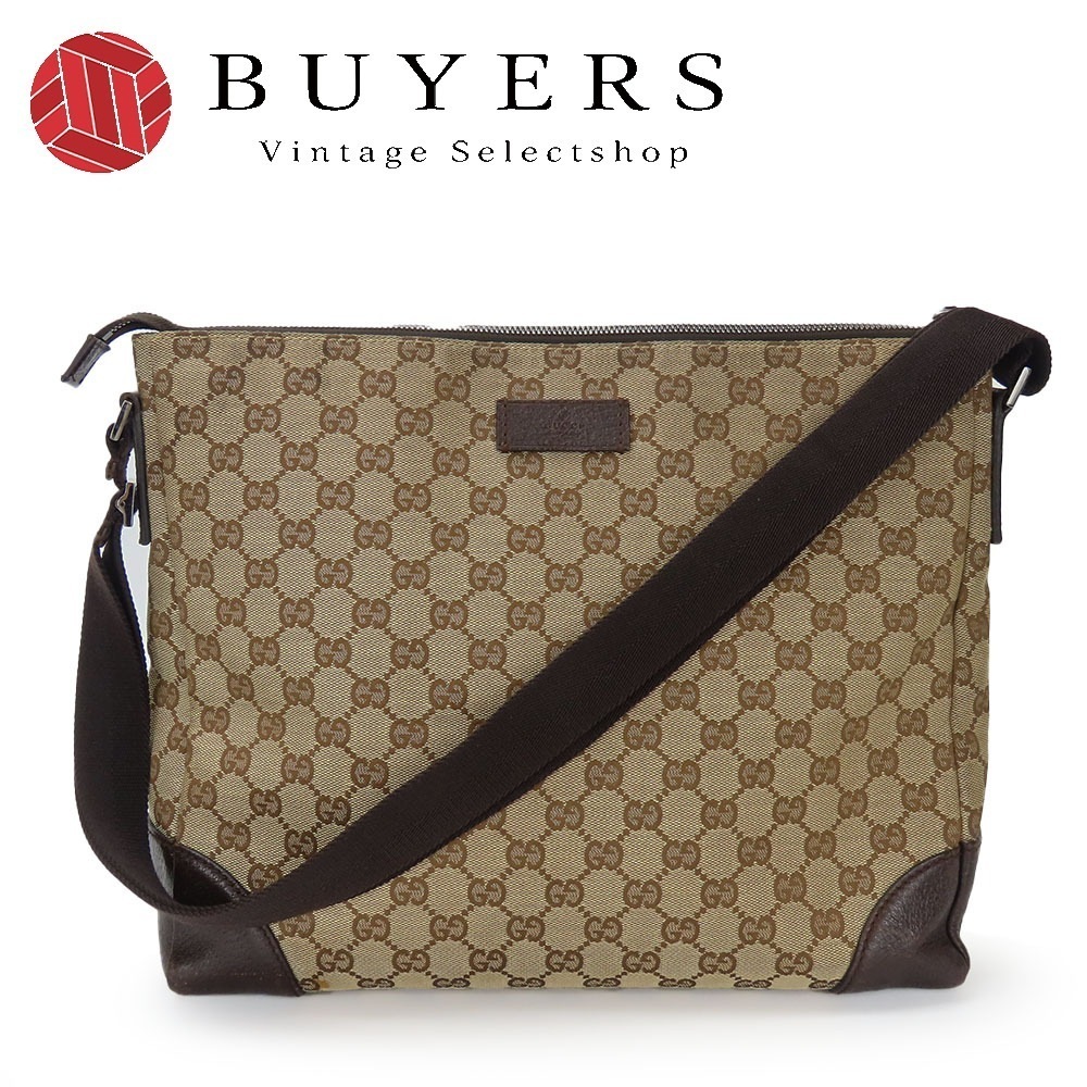 中古 ショルダーバッグ 110054 GGキャンバス レザー ベージュ ダークブラウン シルバー金具 斜め掛け カジュアル レディース メンズ
