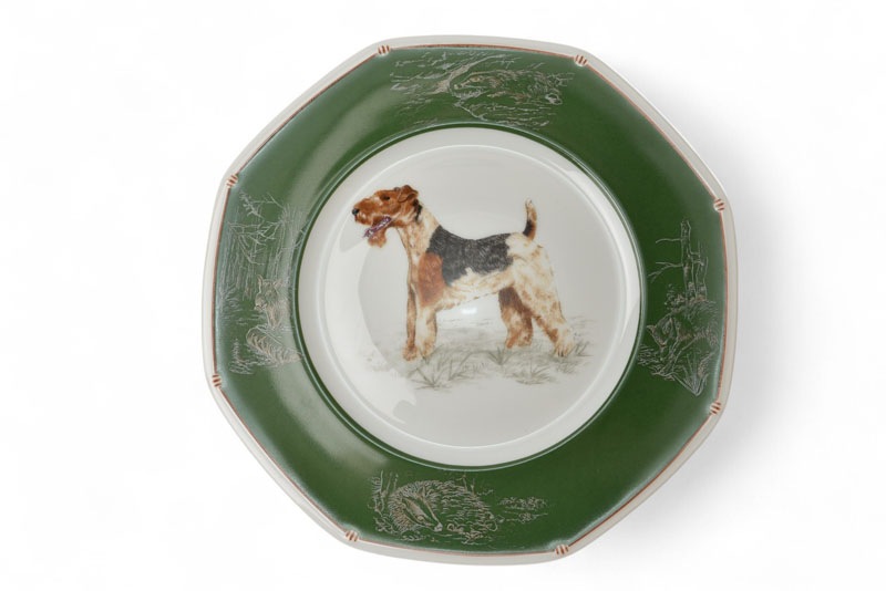 プレート/皿 陶器 八角プレート犬/ワイヤーフォックステリア 飾り皿 食器 グリーン【中古】