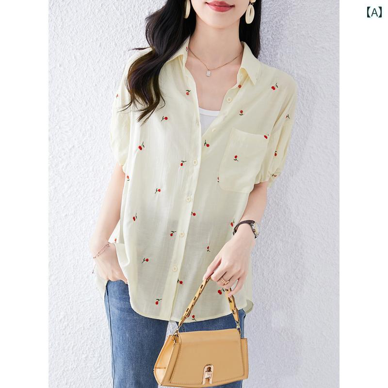 トップス レディース おしゃれ 上品 通勤 オフィス カジュアル 夏 刺繍 シャツ ヒップ カバー ポケット カジュアル ファッション 美しい 薄手 涼しい 涼しい