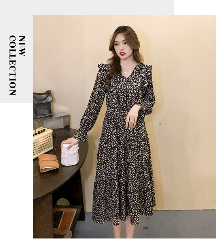 フェミニンワンピース ワンピース フレアワンピース ミモレ丈 袖あり 長袖 Vネック 襟なし フレア Aライン フリル 前開き 透け感 薄手 かわいい きれいめ 上品 おしゃれ こなれ感 ラフ