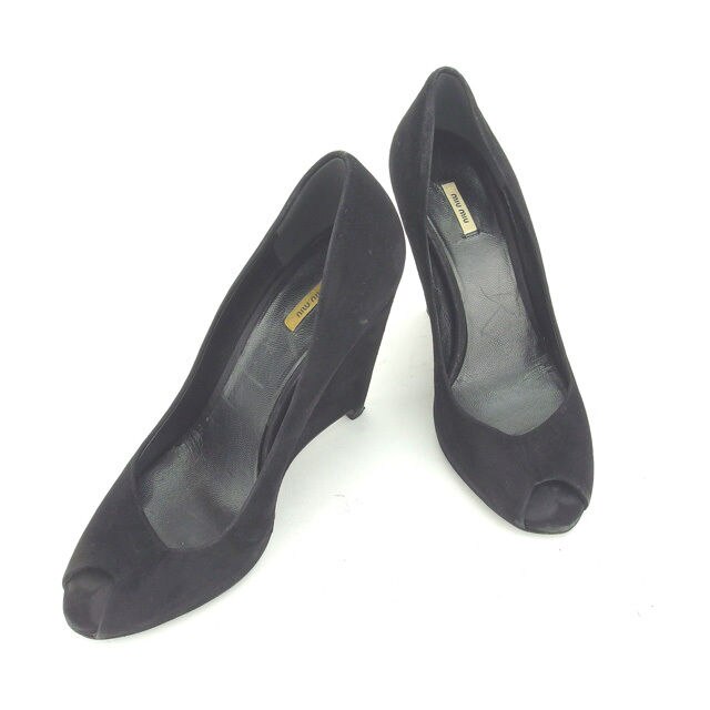 パンプス シューズ 靴 オープントゥ 35 ウエッジソール ブラック 中古