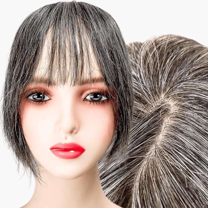 部分ウィッグ かつら ヘアピース ポイントウィッグ 白髪 グレイヘアー 女性 レディース 人毛mix ショート 前髪(白5黒5(人毛100%), グレイヘアーショート(ベース大))