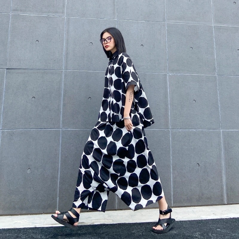 欧米ドット柄涼しく楽ちんセットアップ２点セットハーレムパンツゆとり 大きいサイズ 母の日