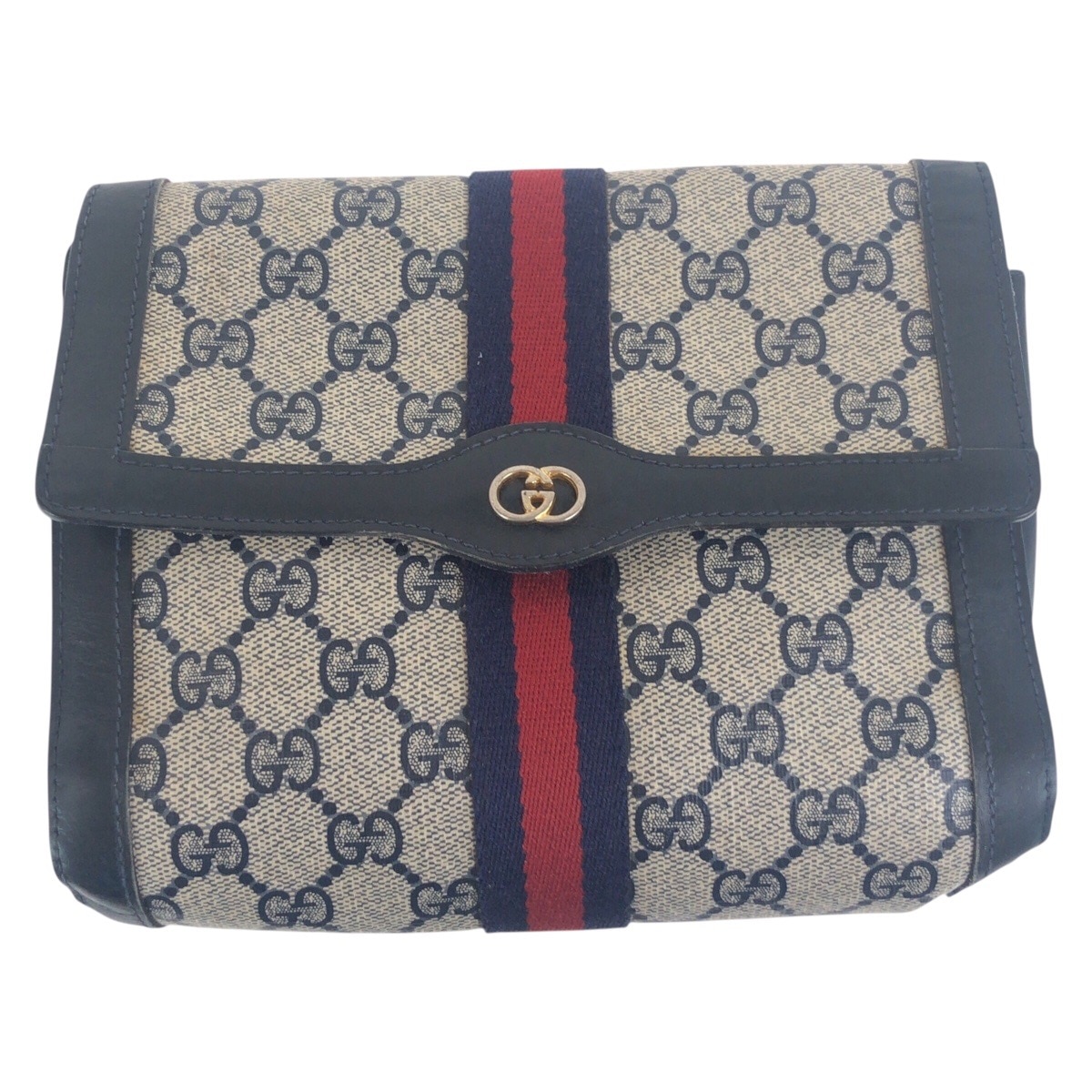 ヴィンテージ オールドグッチ シェリーライン ネイビー グレー ゴールド金具 GGスプリームキャンバス/レザー クラッチバッグ セカンドバッグ 男女兼用 メンズ 504110