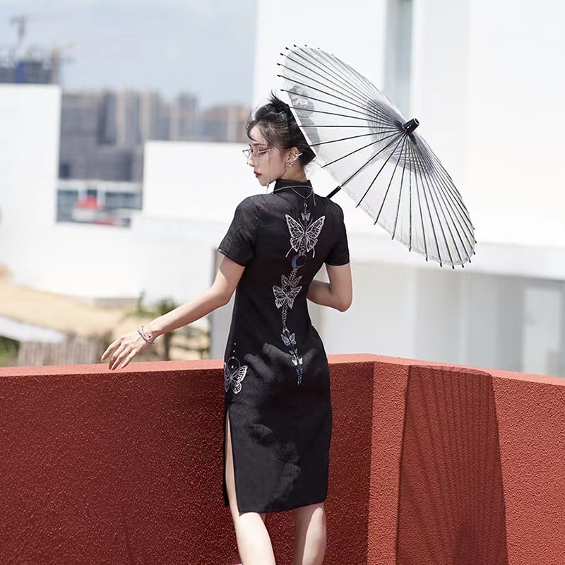 チャイナドレス 黒 コスプレ 半袖 蝶々刺繍 暗紋 スリットワンピース チャイナ風 春 夏 チャイナ服 普段着 大きいサイズ