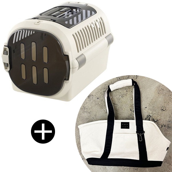 キャンピングキャリーファイン ダブルドア M アイボリー + PUFF pet carry canvas tote L P24004-15 ブラック ペットキャリー セット