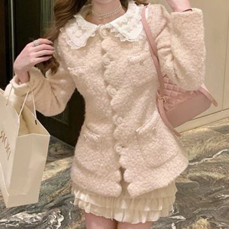 ピーターパンカラーシャネル風の暖かいコートスタイリッシュでスリムに見えるケーキスカートが付いた甘くて若々しい秋冬ツーピースセット