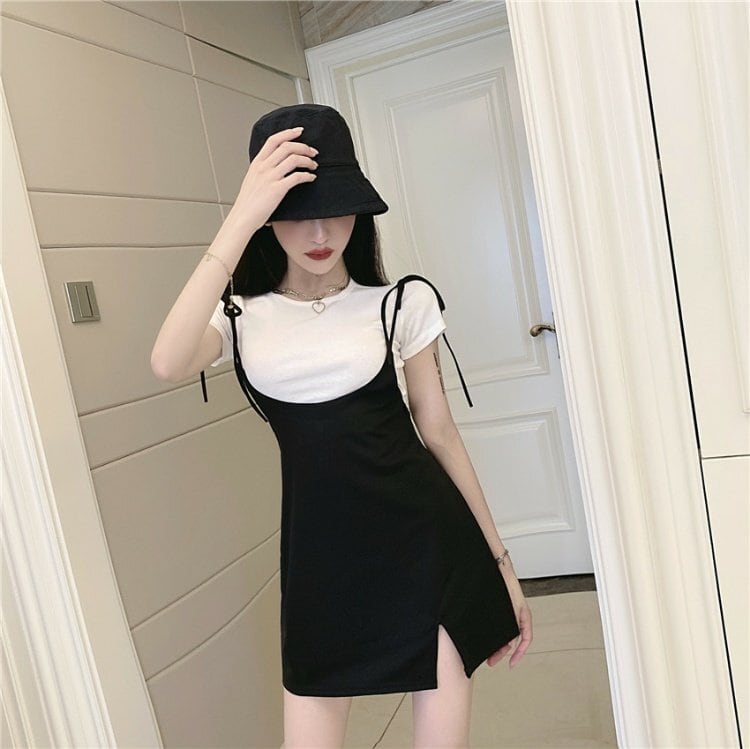 ワンピース 上着 人気 おすすめ おしゃれ お洒落 激安 安い プチプラ Tシャツ ティーシャツ 半袖 ミニスカート ウエスト ラウンドネック 丸首 無地 オリジナル 可愛い かわいい lo