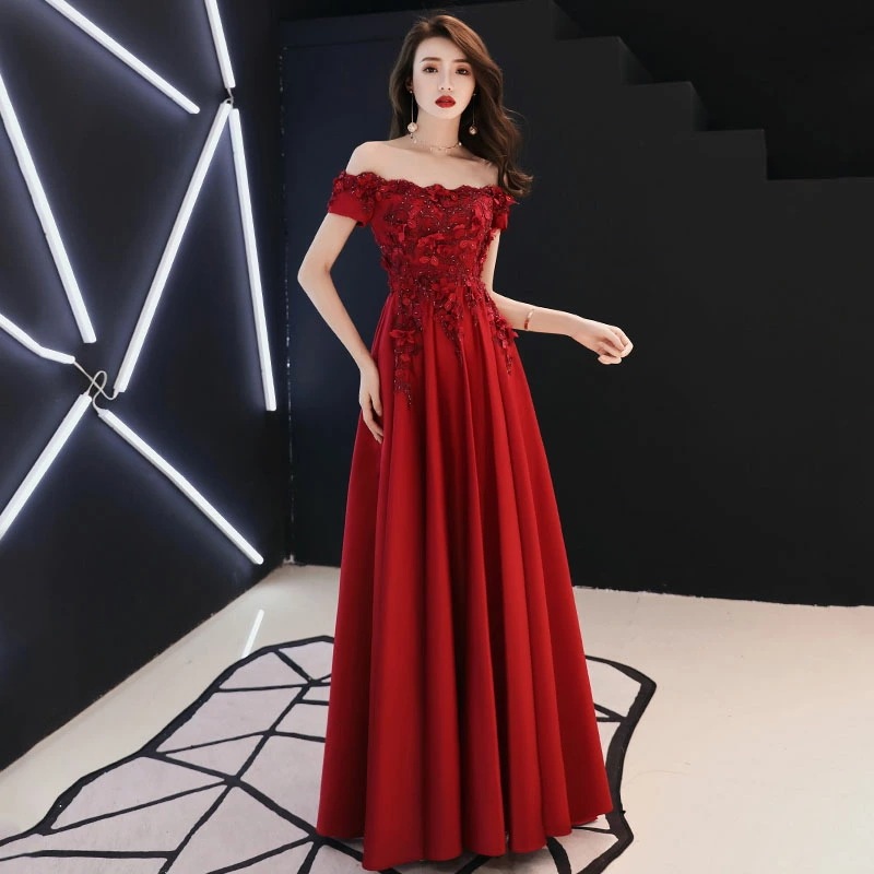 演奏会用ドレス ロングドレス 赤 オフショルダー サテン カラードレス パーティードレス ウェディングドレス 発表会 結婚式 ピアノ 二次会ドレス 花嫁 コンサート 披露宴 前撮り ウエディングドレス
