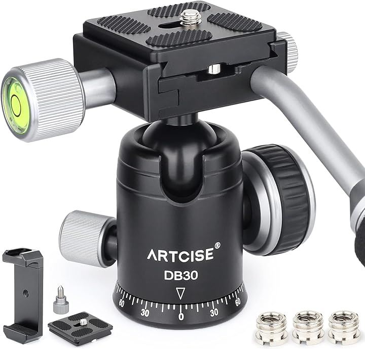 ボール雲台 クイックシュー付き 軽量 アルミ合金製 360度回転可能 自由雲台 ハンドル バブル水準器 全景撮影 ビデオ カメラ 三脚 一眼レフ DSLR 用 1/4ネジ (シルバー)