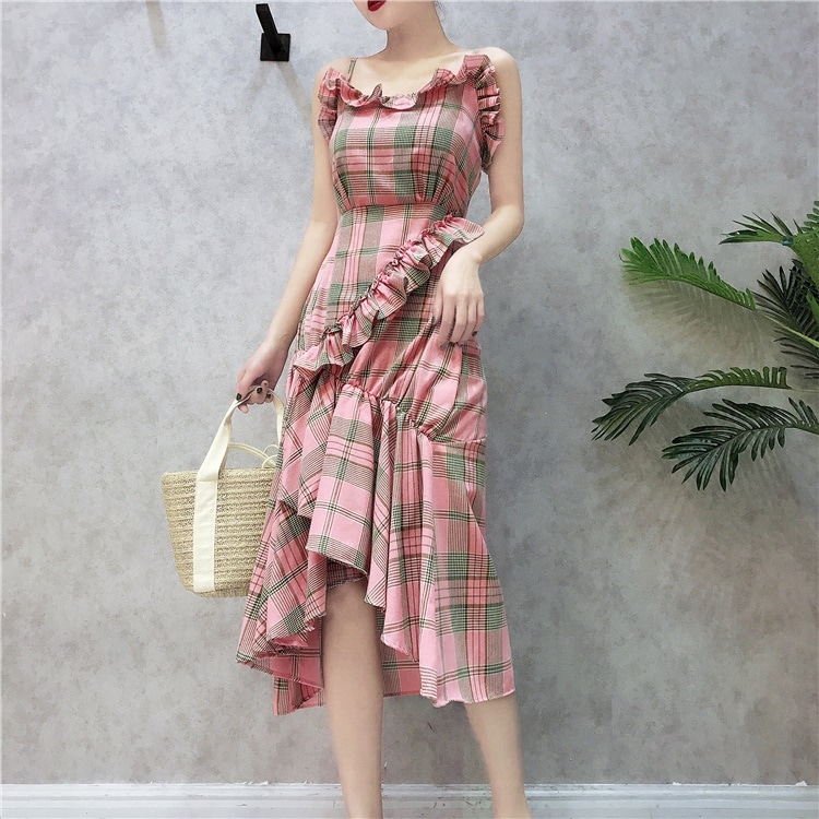 1666.チェック柄イレギュラーヘムワンピース（ピンク） 2019 春夏 sale 通学 女子会 普段使い リゾート 海 ビーチ プール