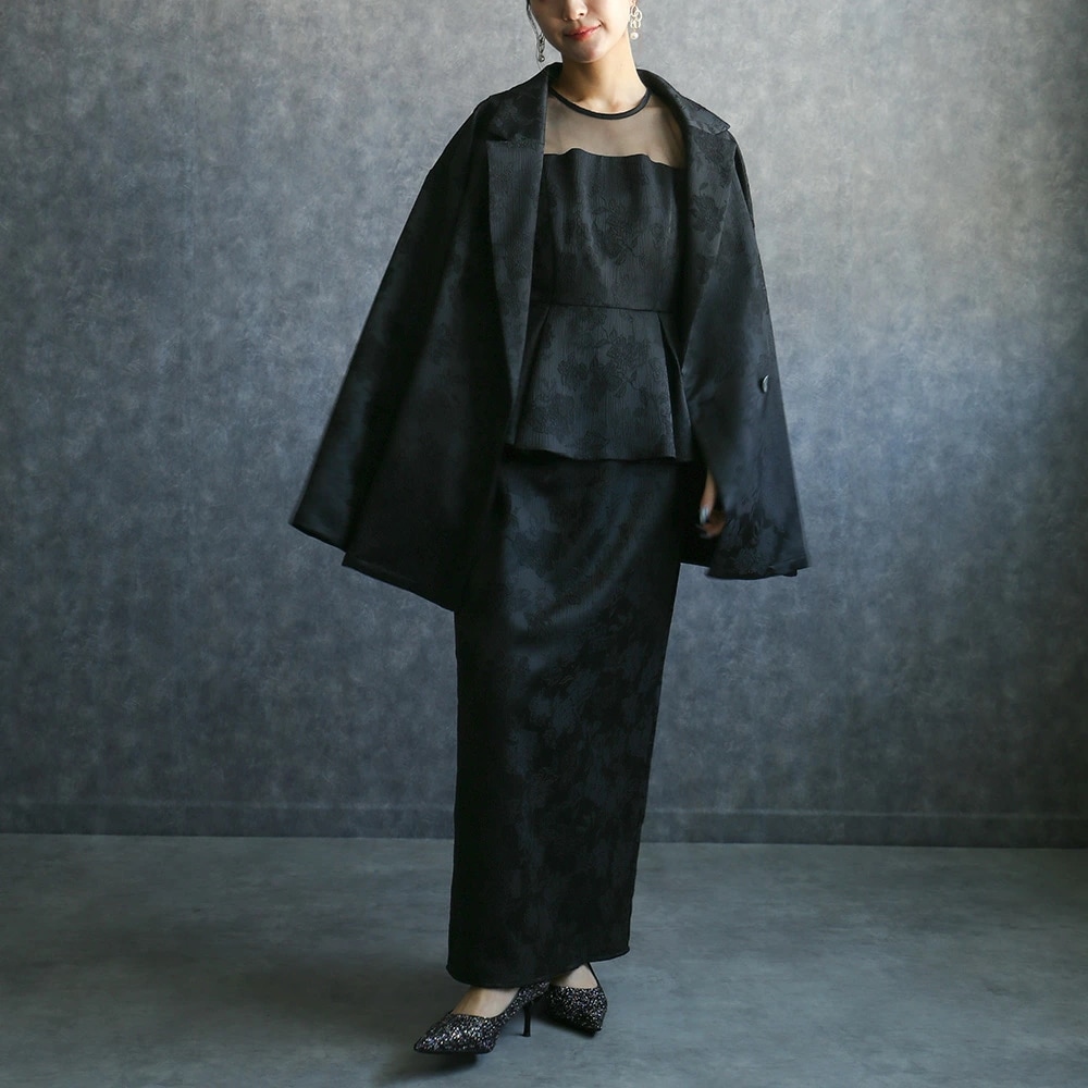 結婚式 ドレス パーティードレス リッチジャガードジャケット＆ペプラムドレス セットアップ セレモニー オケージョン ジャケット シンプル 体型カバー 二次会 披露宴 成人式 同窓会 お呼ばれドレス