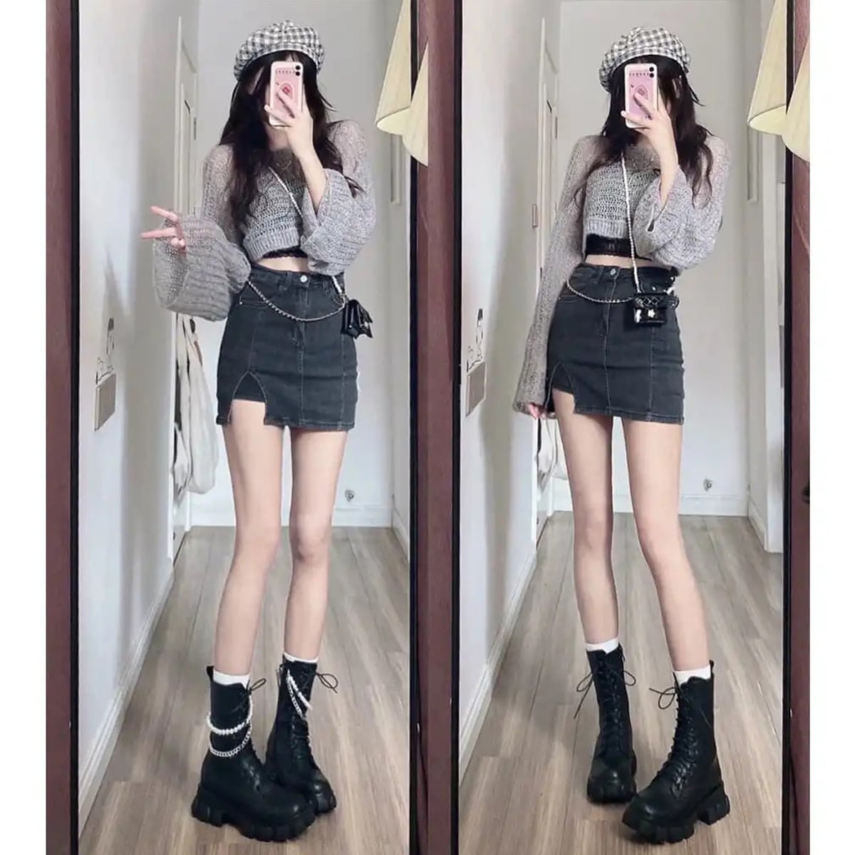 甘くてクールなスタイルのレディースディスコ湯たんぽ小柄な人初秋コーデ甘辛ストリートセータースカートスーツ冬