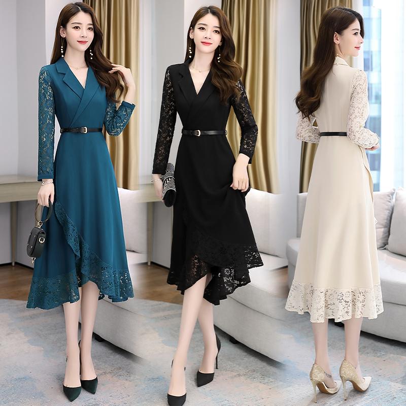 キャバドレス ワンピースレディース 长袖 セクシードレス レースワンピース秋 キャバクラ パフスリーブ V襟 膝丈 20代30代40代50代 大人気 OL通勤-904