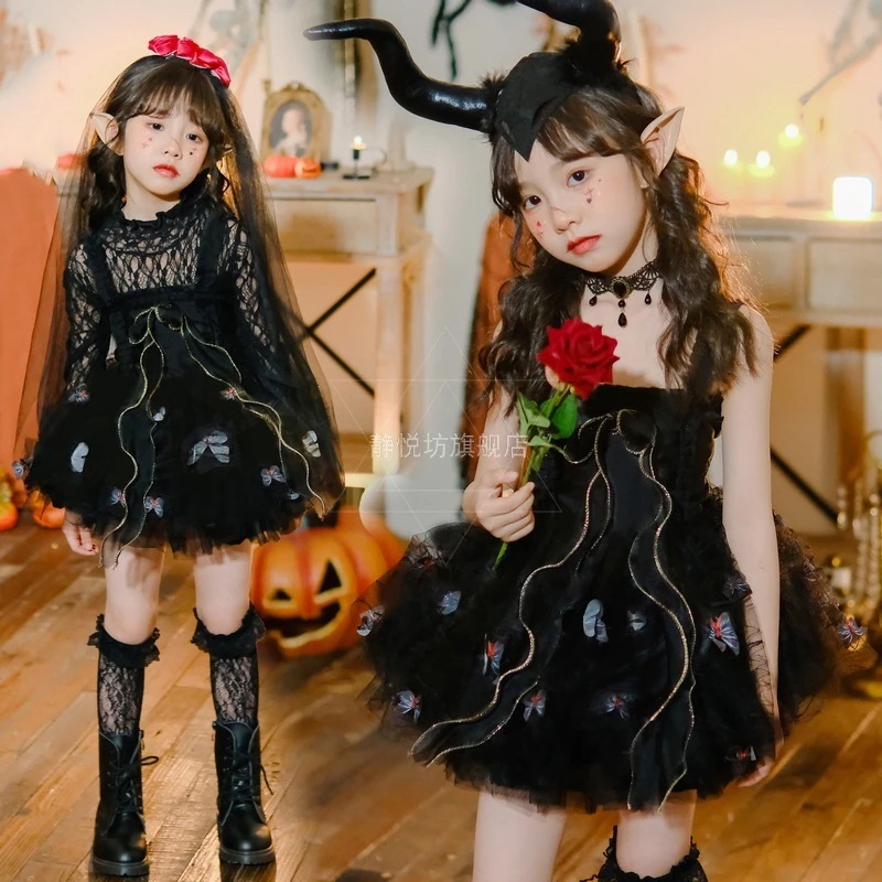 【魔女ワンピース】ハロウィン　30%までに制限仮装　子供服　チュールワンピース　ブラック　キッズ