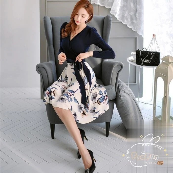 新調カシュクールワンピース 花柄 膝丈 バイカラー 上品 きれいめ ハイウエスト Vネック 細身