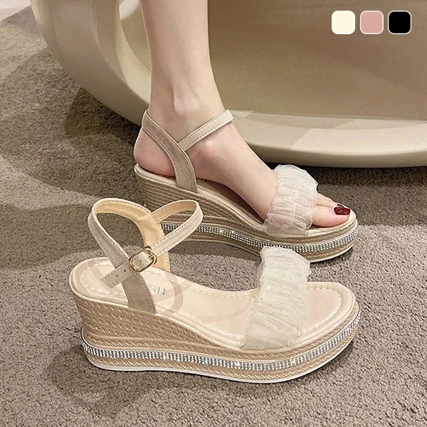 【20点セット】【送料無料】細ストラップ ビジュー 厚底サンダル レディース ウェッジソール 軽量 ビーチサンダル 7cmヒール 光沢感 夏 厚底 柔らかい 上品 かわいい おしゃれ シンプル 滑り止