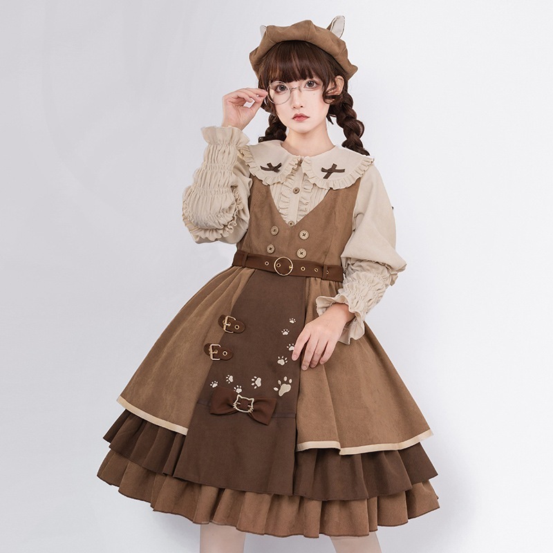 さくらloveオリジナル秋冬ロリータスカート 猫探偵 和風前開きレトロカレッジ風ワンピース