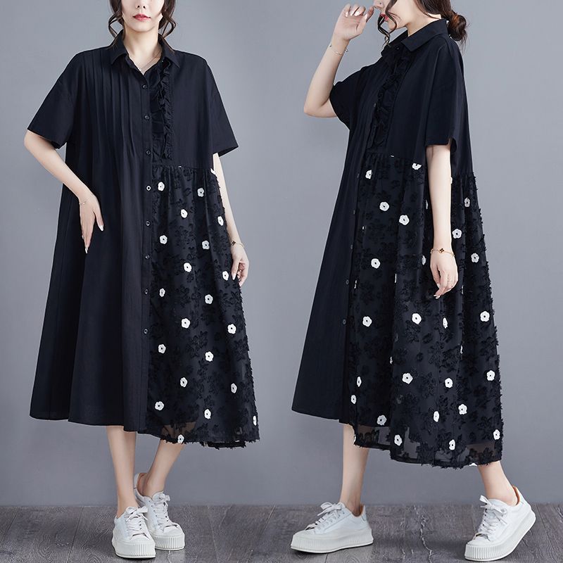 シャツワンピース大きいサイズの夏服半袖ワンピースの通勤シャツロングワンピース