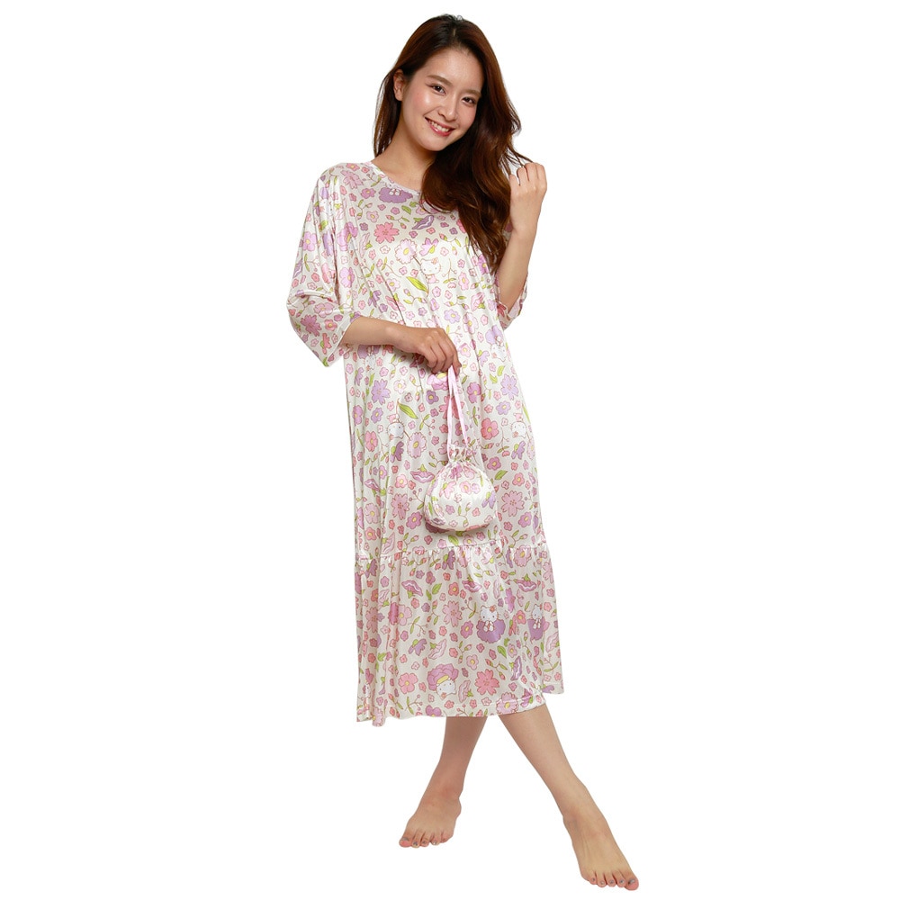 SAZAC(サザック) リトルフラワーキティトラベルワンピース アイボリー レディスM～L 【 ファッション サンリオ 女性用 寝巻き レディース ルームウェア 大人用 キャラクター 部屋着 寝間着