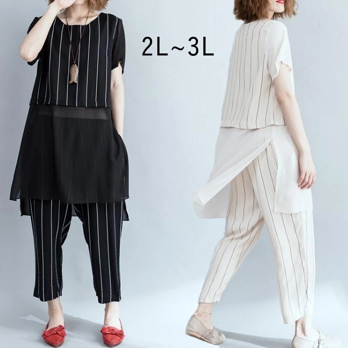 2点セット セットアップ ブラウス パンツ ストライプ柄 透け 半袖 9分丈 フィッシュテール ウエストゴム レディース トップス オーバーサイズ 大きいサイズ 夏 2L 3L