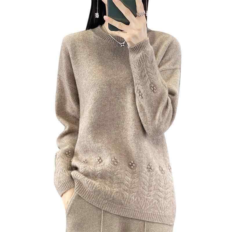 レディース ニット セーター 秋冬 ラウンドネック プルオーバー カーディガン ジャカード ウール 長袖 韓国 ピンク 青 白 シンプル 普段使い おしゃれ 暖かい 大きいサイズ