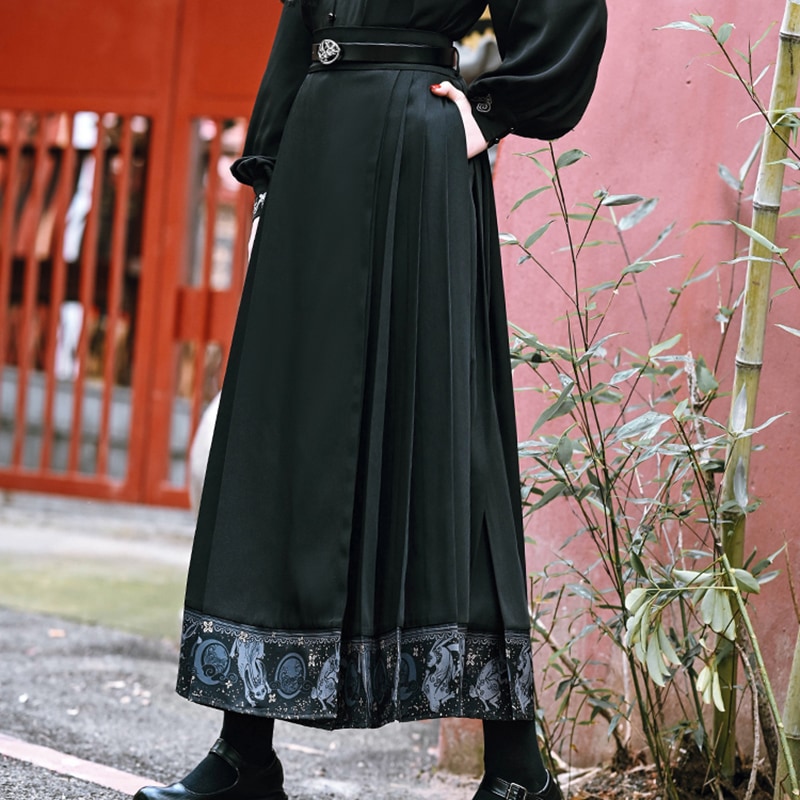 プリーツスカート ロング チャイナ風スカート 黒 切り替えスカート ハイウエスト 中華風 改良ラップスカート