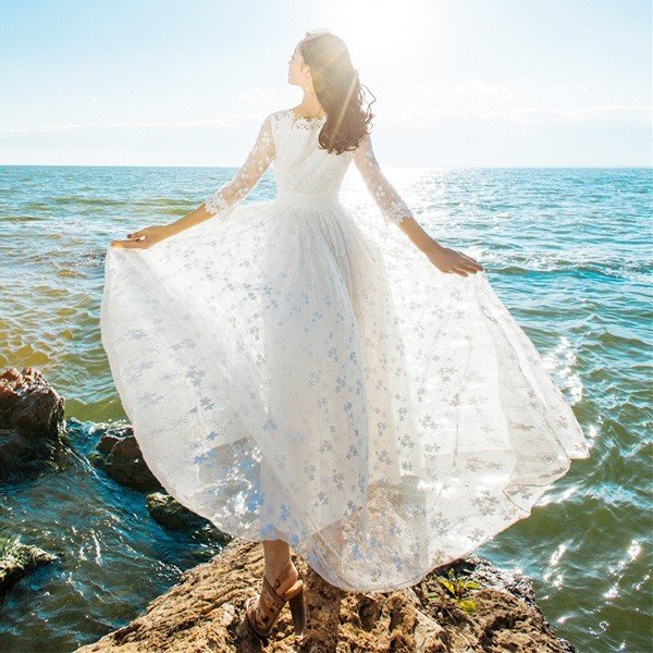 長袖 総レース パーティードレス ワンピース レディースワンピース 白ワンピース ロングワンピース