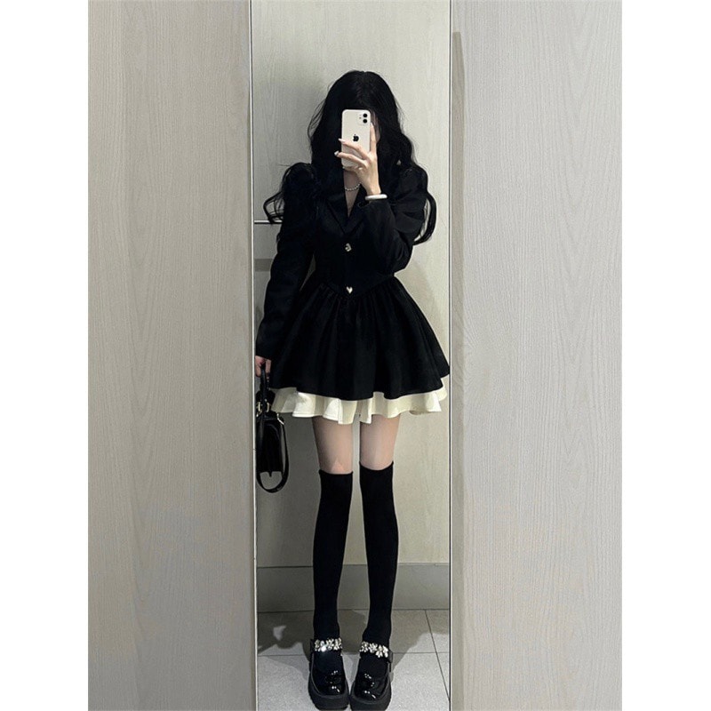 【1つ買うと10つ無料】脂肪 センシング気質ブラックスーツドレス女性秋の大きなウエストウエストパフスカート