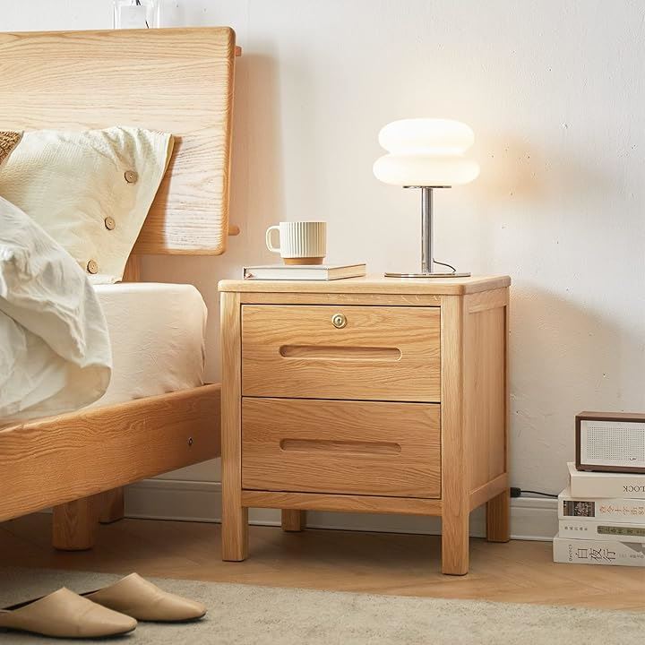 ナイトテーブル アメリカオークウッド ベッドサイドテーブル ライトスタンド モダンなインテリア 鍵付き 木製 無垢材 完成品 ソファスタンドエンド ランプテーブル(ナチュラル(鍵付き))