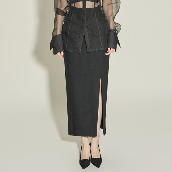 SK9115 ハイウエスト スリット ウール スカート