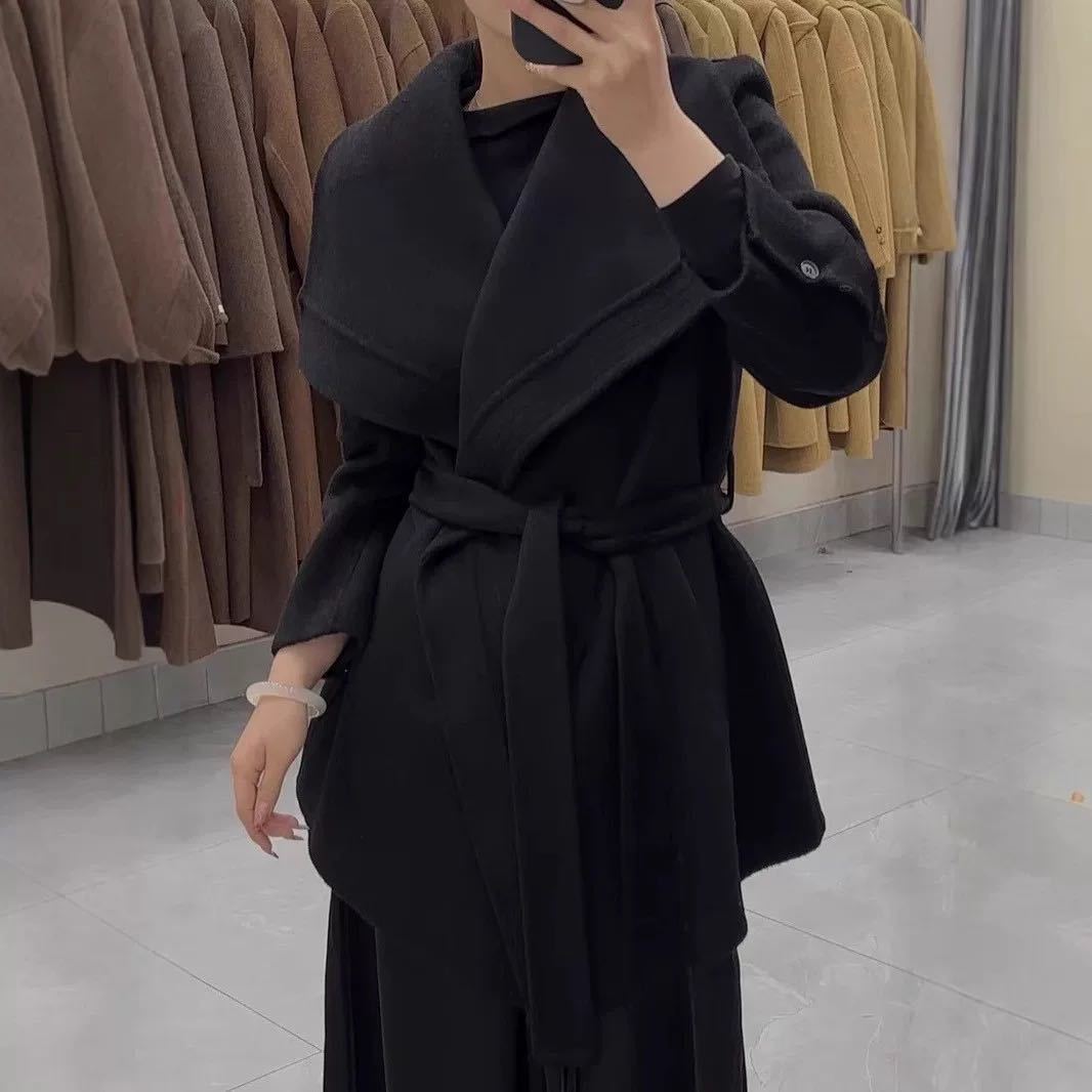 大きな肩パッドウエスト編み上げの両面ウールコート厚みのあるミドル丈の暖かいウールコート
