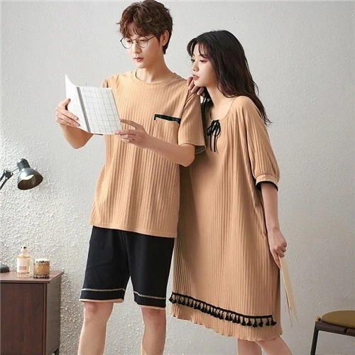 ペア パジャマ 半袖 レディース ワンピース パジャマ メンズ 綿 ペア パジャマ ギフト カップル ペア ウェア 結婚祝い プレゼント ペア パジャマ スウェット 上下セット