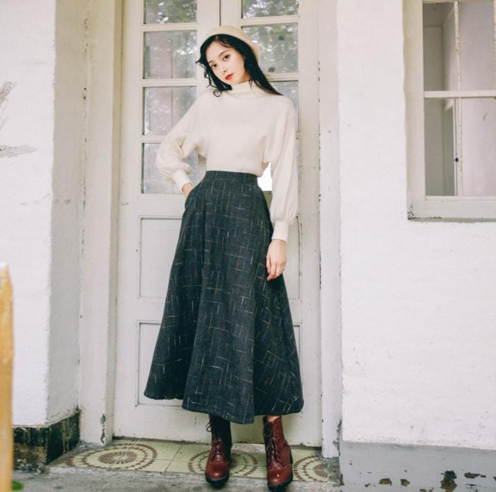 ニットセットアップ　プルオーバー　スカートセット　タートルネック　フレアスカート　ニットセーター　レディース　トップス ボリューム袖　体型カバー 着痩せ　レディース 秋 冬　ロングスカート　マキシスカ