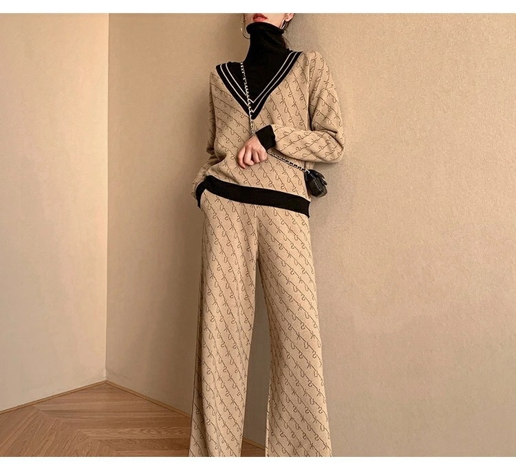 ニットセットアップ　セーター　プルオーバー　vネック　トップス ニットガウチョパンツ　ワイドパンツ　ロングパンツ　体型カバー 着痩せ　レディース 秋 冬　春　通勤 オフィス
