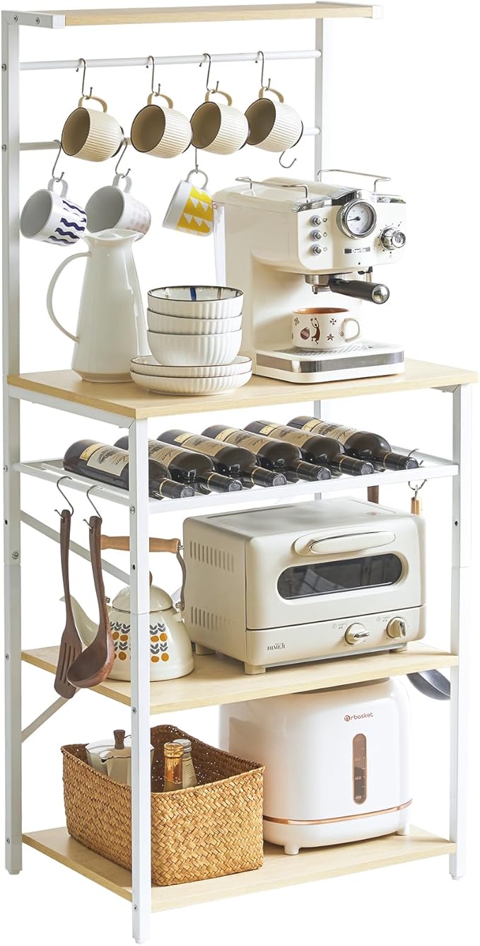 レンジ台 レンジボード 5 層 幅 59× 奥行 40× 高さ 143cm 大型レンジ対応 ワインホルダー 12 個Ｓ字フック付 木色