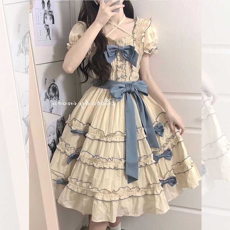 フレンチ式ロリータ王女スカートlolita洋気泡袖つなぎレース結び蝶ネクタイ腰ワンピースレースワンピ