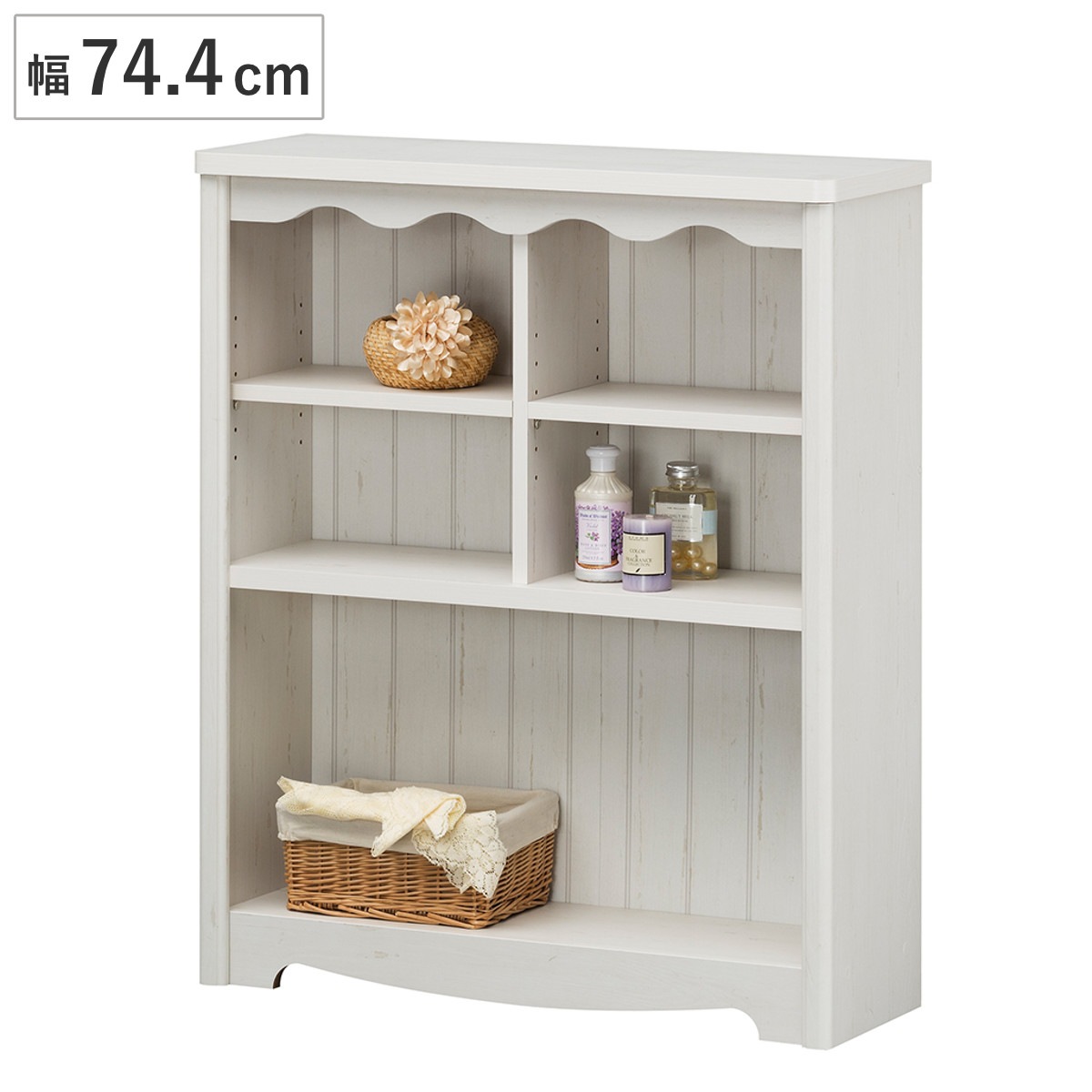オープンラック 幅74.4cm 3段 モンシェリーヌ 白家具 木製 本棚 ディスプレイ ラック 棚 収納 シャビー調 多目的ラック シェルフ 家具 フレンチカントリー 書棚