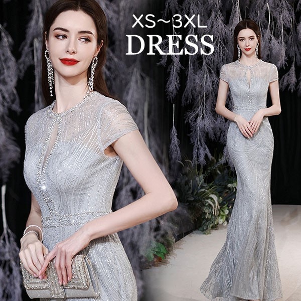 演奏会 結婚式 母親 イブニングドレス キラキラ ピアノ発表会 シルバー 灰色 袖付き ワンピース 半袖 タイト ステージドレス 二次会 パーティードレス ウエディング エレガント ドレス 大人 ピア