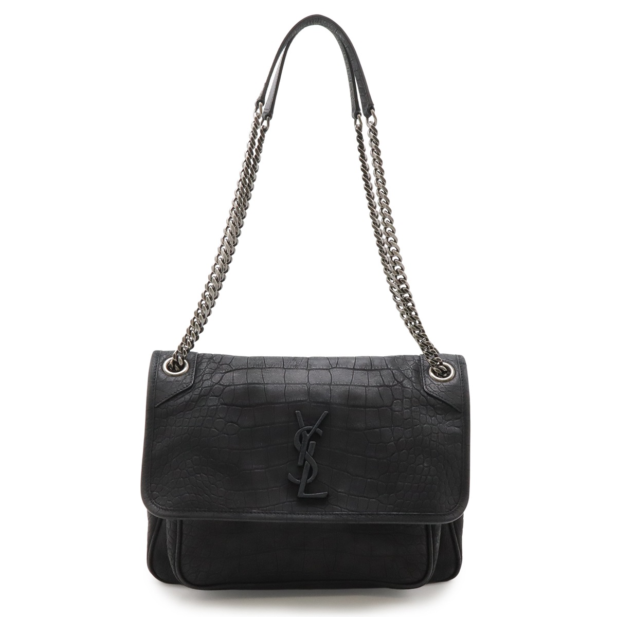 YSL イブサンローラン ニキ ミディアム チェーンショルダーバッグ ヌバック クロコ型押し ブラック 49891