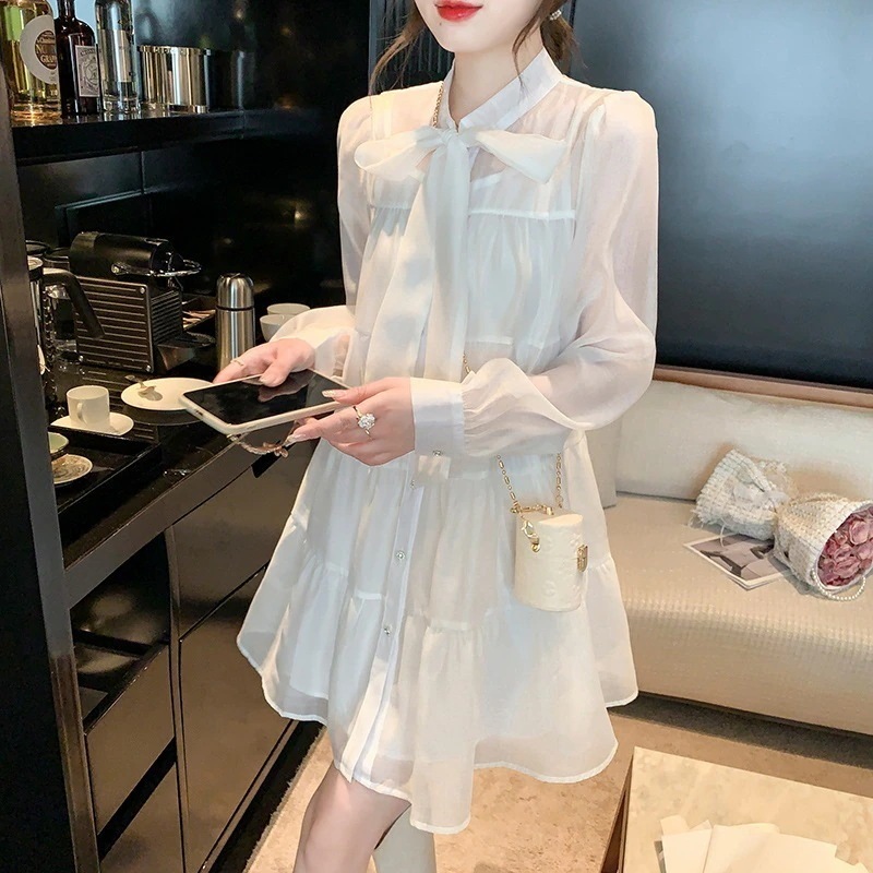 シャツワンピース レディース 40代 きれいめ 膝丈ワンピース 春秋 長袖ワンピース リボンネック